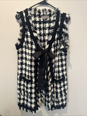 Black & White Houndstooth Fringe Tie-Front Vest